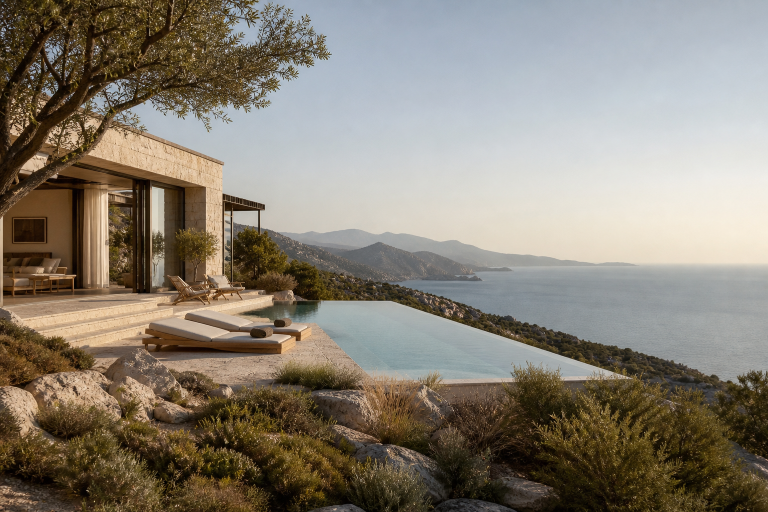 Mediterranean stone retreat overlooking the sea